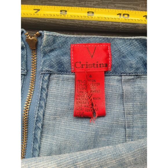 VTG Y2k Cristina V Denim Asymmetrical Embroidered Skirt Sz 4 Blue Boho Western - Picture 5 of 6